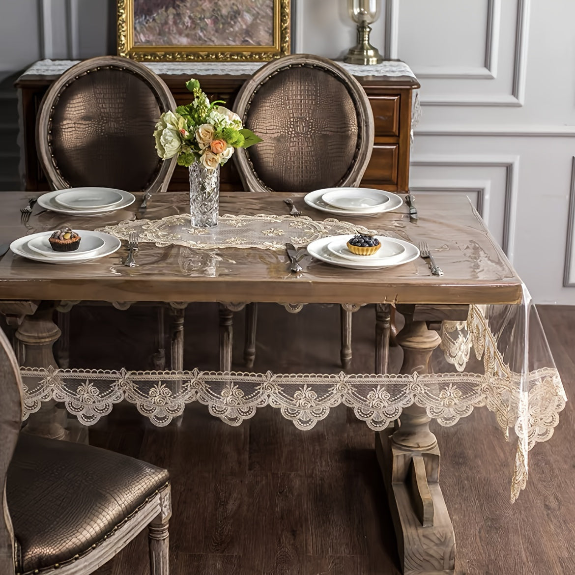 PVC Square Table Cover Non-Slip Lace Border for Kitchen Restaurant Party Home