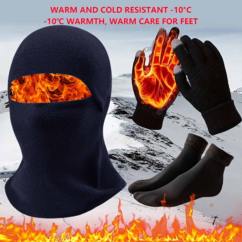 Men's Winter Fashion Set Thick Windproof Earflap Hat Touch Gloves Socks Polyester Knit Warm Cold Resistant