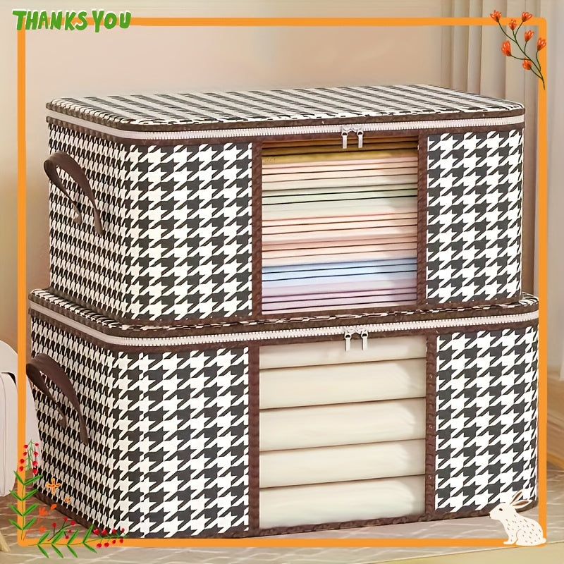 Large Houndstooth Fabric Storage Bag with Zipper Handle for Clothes and Linens