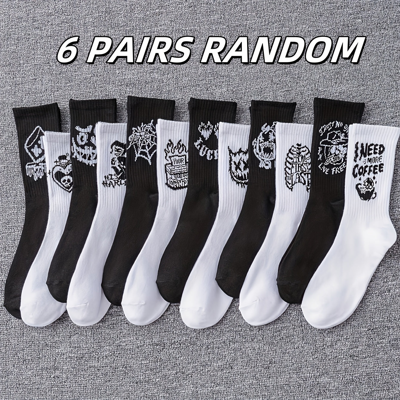 Men's Mid-Calf Socks 6-10 Pairs Black White Graffiti Pattern All Seasons