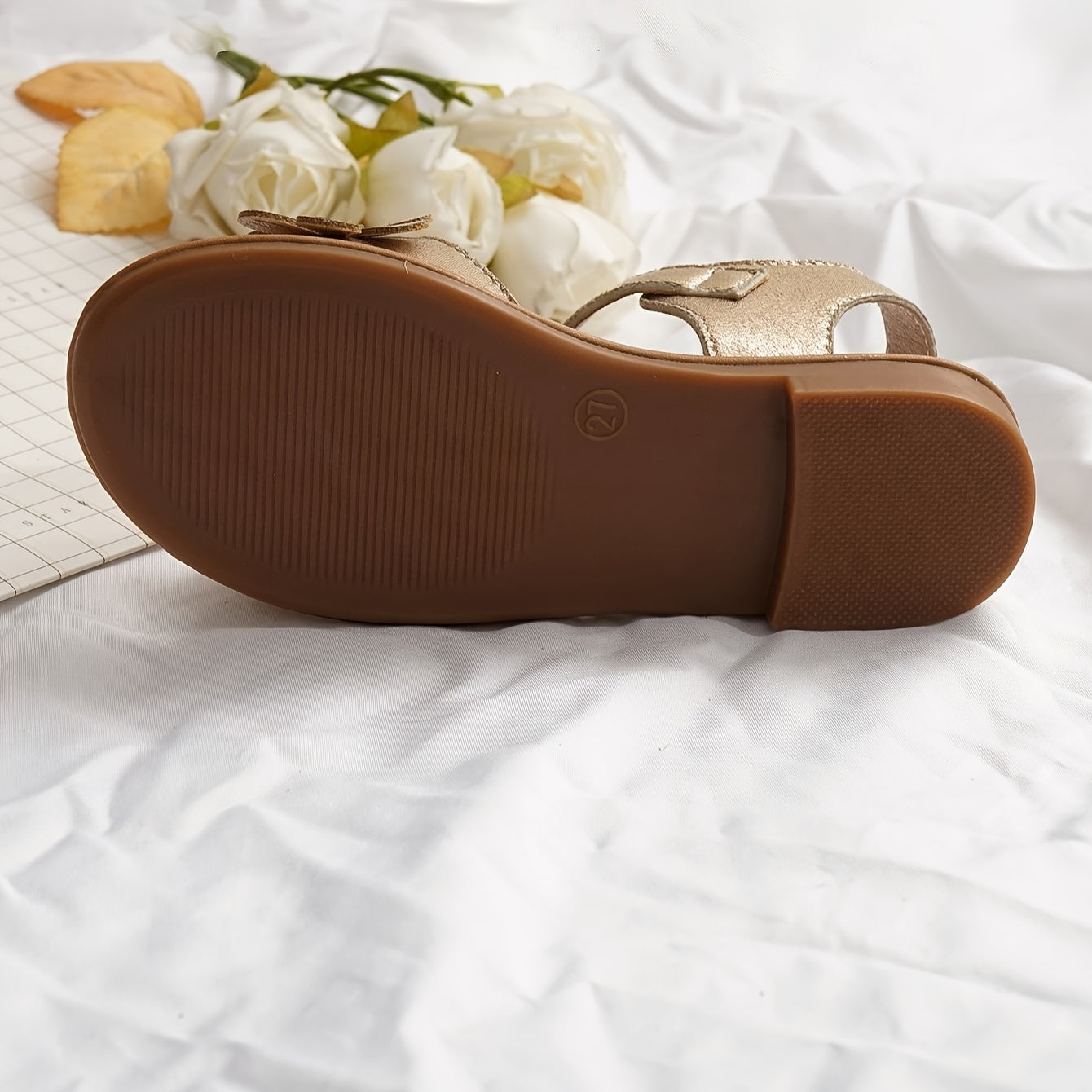 Girls Summer Sandals Floral Embroidery Breathable Light Brown Round Toe Hook-and-Loop Closure