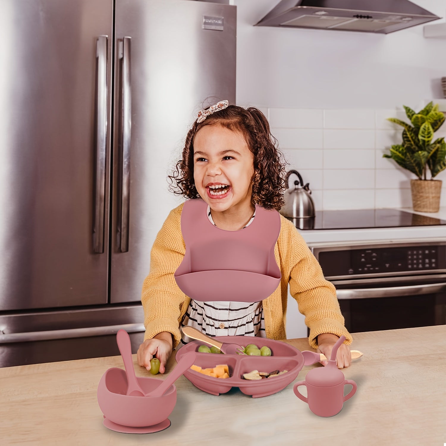 8-Piece Silicone Toddler Feeding Set Non-Toxic BPA-Free Suction Plates Bibs Straw Cups Utensils