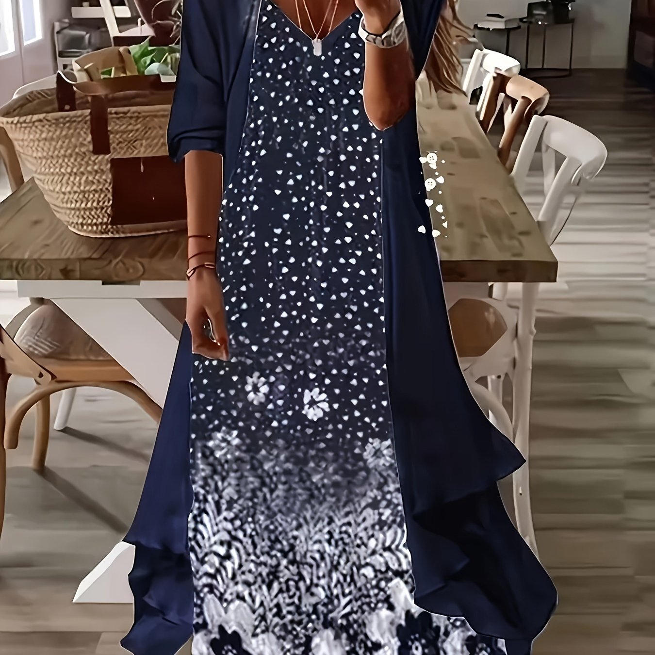 Vintage Floral Printed Short Sleeve Dress with Pleats and Fake Two-Piece Design