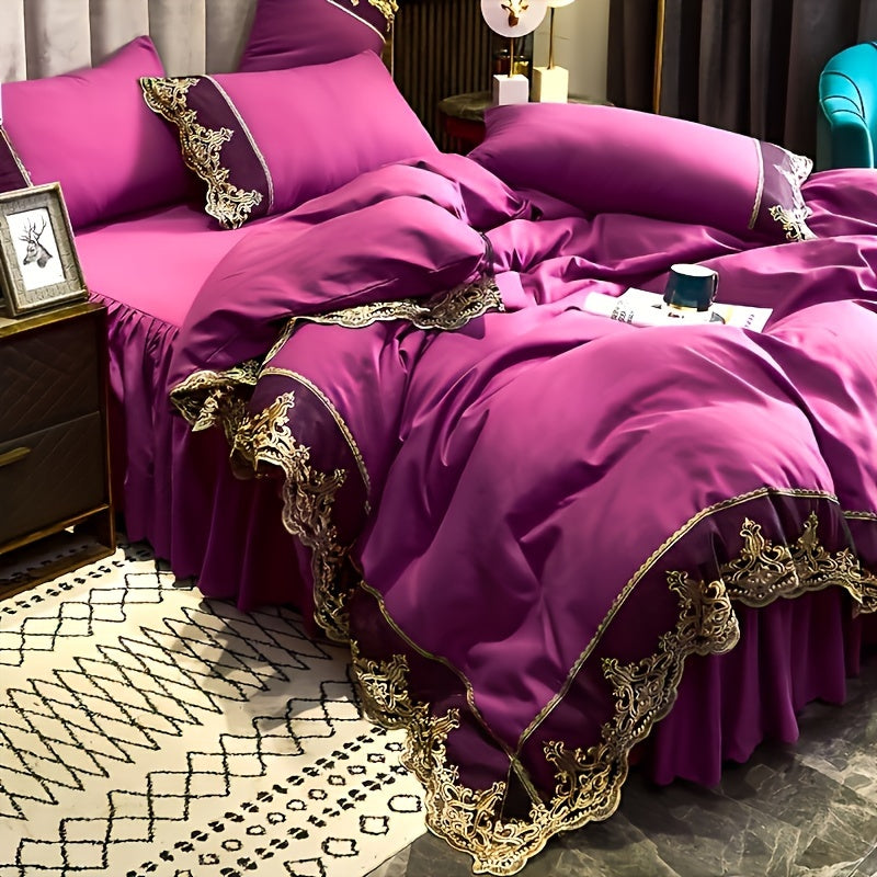 Lace Bedding Set with Quilt Cover and Pillowcases in Multiple Colors Solid Pattern All-Season Polyester