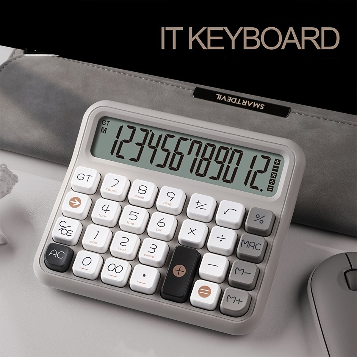 12-Digit LCD Calculator with Gray and White Design for Office and Financial Use