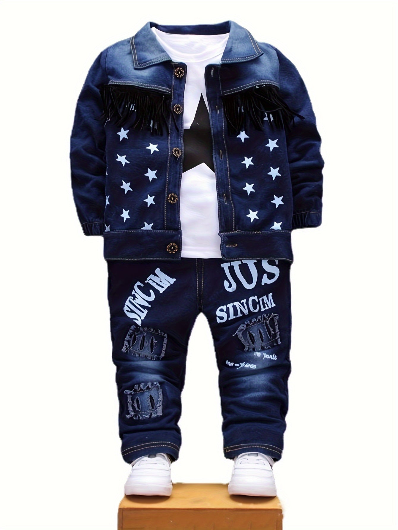 Boys' Korean-Style Faux Denim Fringe Three-Piece Set for Spring Outdoor Wear