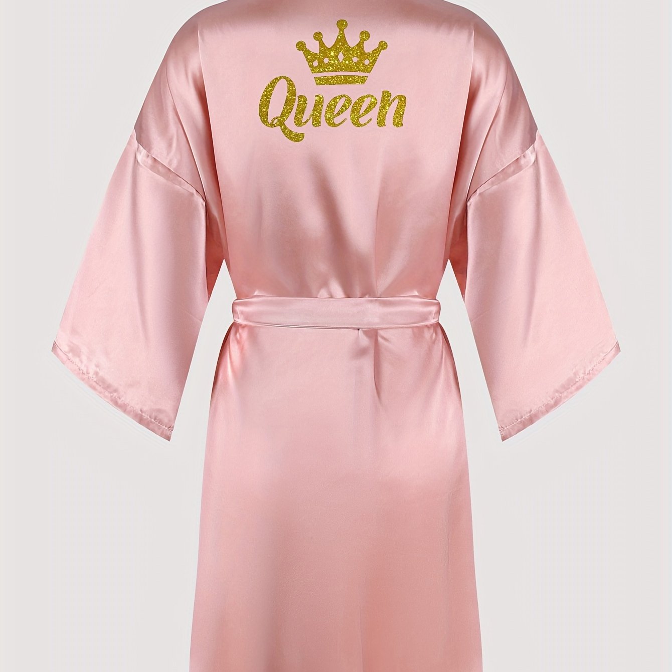 Women's Night Robe with Queen Letter Pattern V-Neck 3/4 Sleeves Belt Polyester