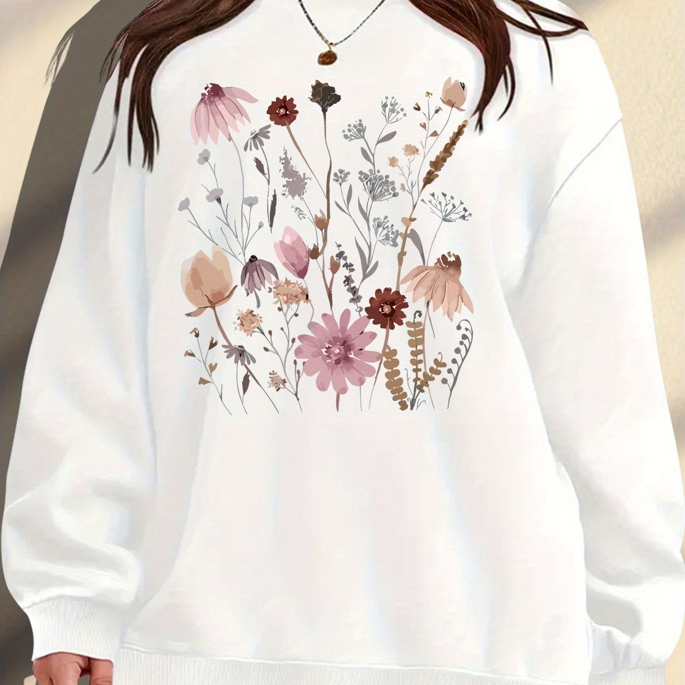 Women's Plus Size Floral Print Sweatshirt Cozy Maroon Pullover Autumn Wear