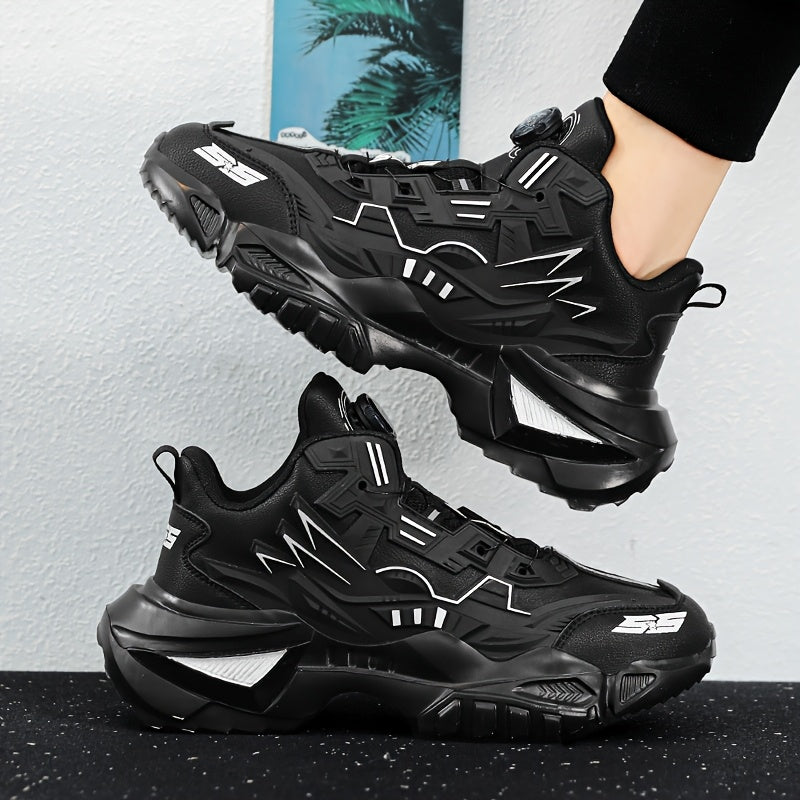 Men's Black Chunky Sneakers with Rotating Buckle Anti-Slip Breathable Fabric for Sports Outdoor