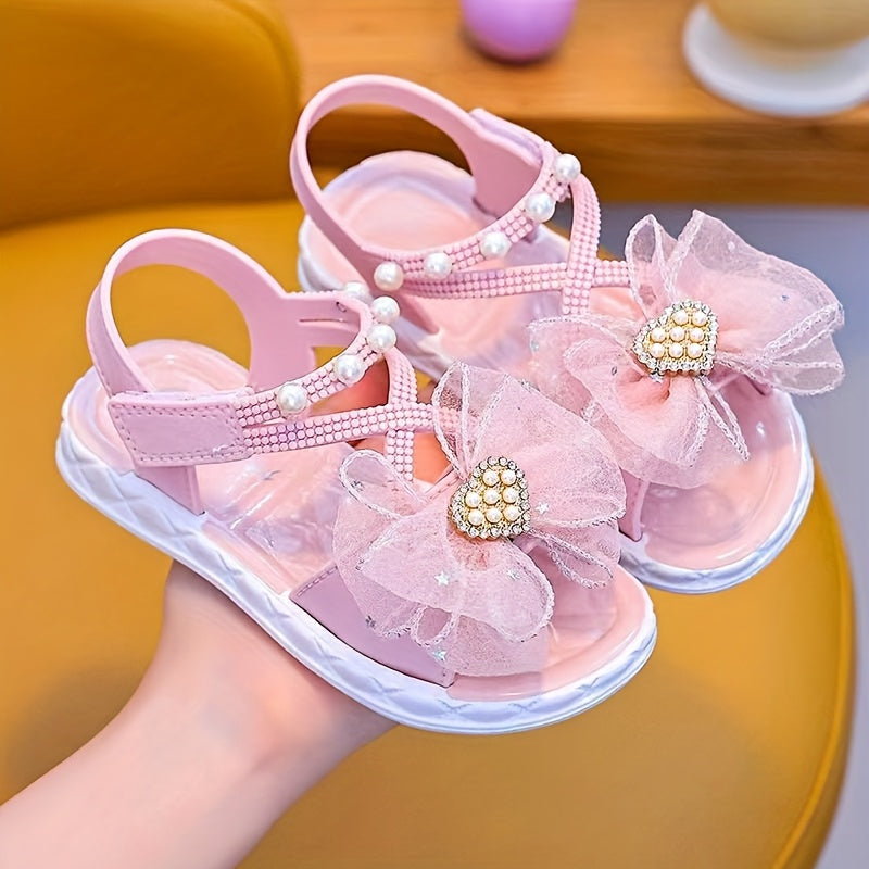 Toddler Girls Princess Sandals Beaded Hearts Star Pattern PVC Flat Sole Adjustable Strap Pink Beige