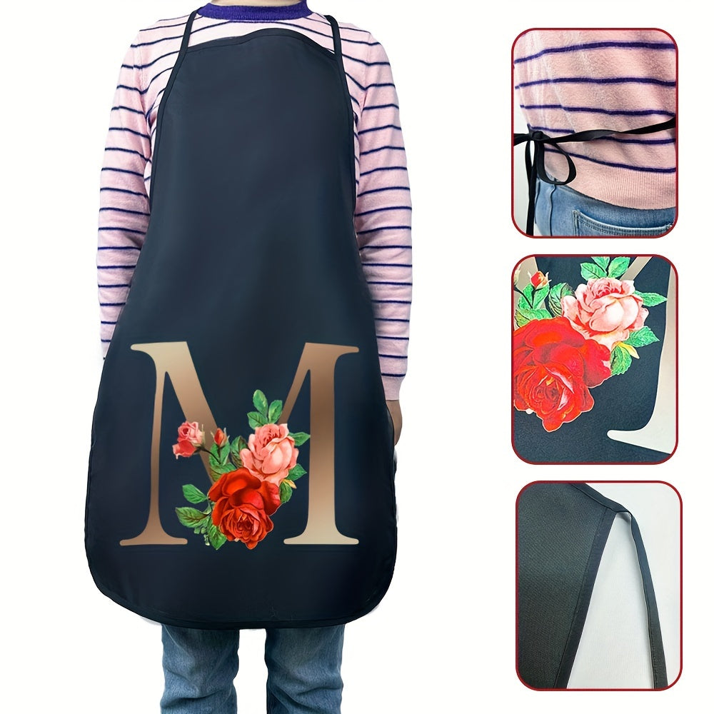 Women's Floral Polyester Kitchen Apron with Letter Print and Monogram