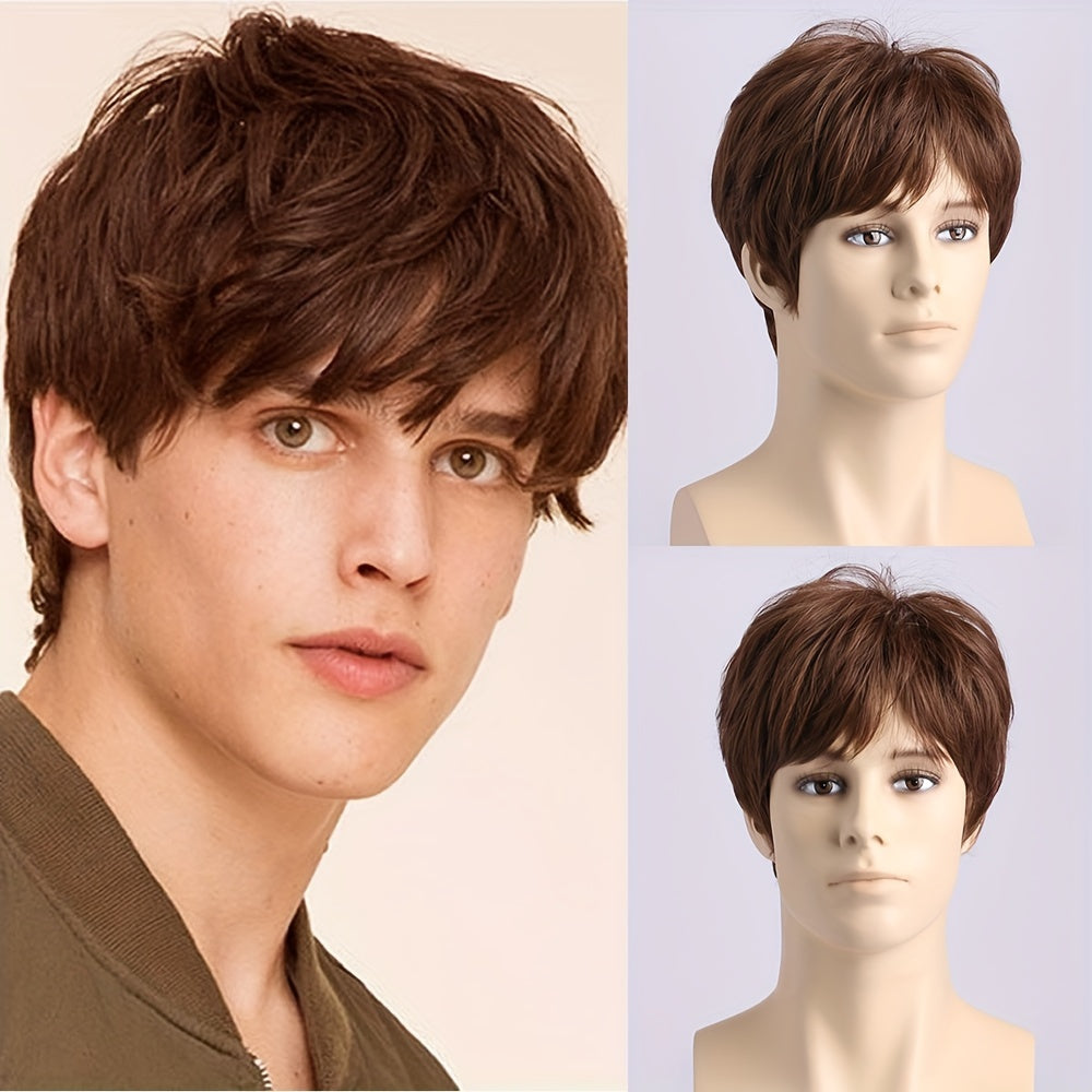 Short Curly Brown Wig for Men with Side Bangs, Heat Resistant Synthetic Fiber