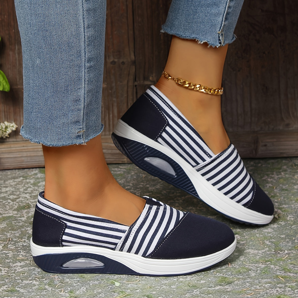 Women's Striped Slip-On Sneakers Low Top All-Season Comfort Shoes