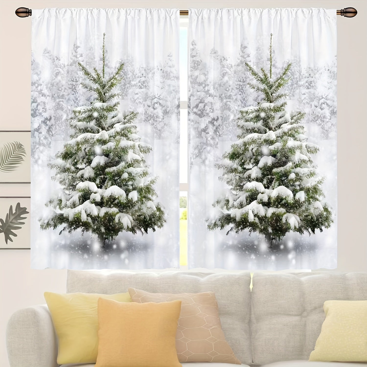 Juego de 2 cortinas verdes navideñas para café con diseño de árbol de pino y nieve, lavables en poliéster para sala de estar, cocina, oficina