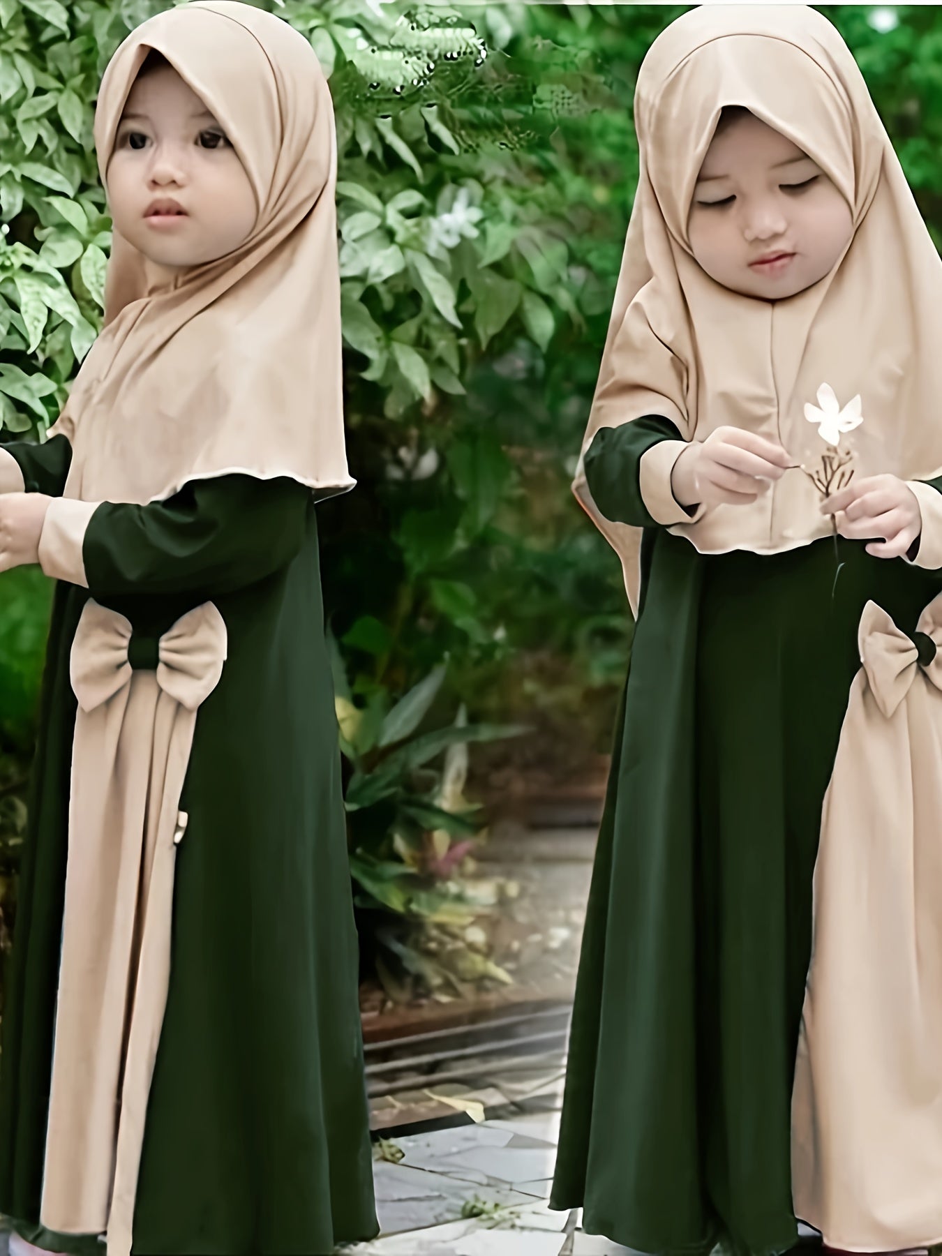 Girls Eid Al-Adha Dress Set with Headscarf Bowknot Design Polyester Solid Color