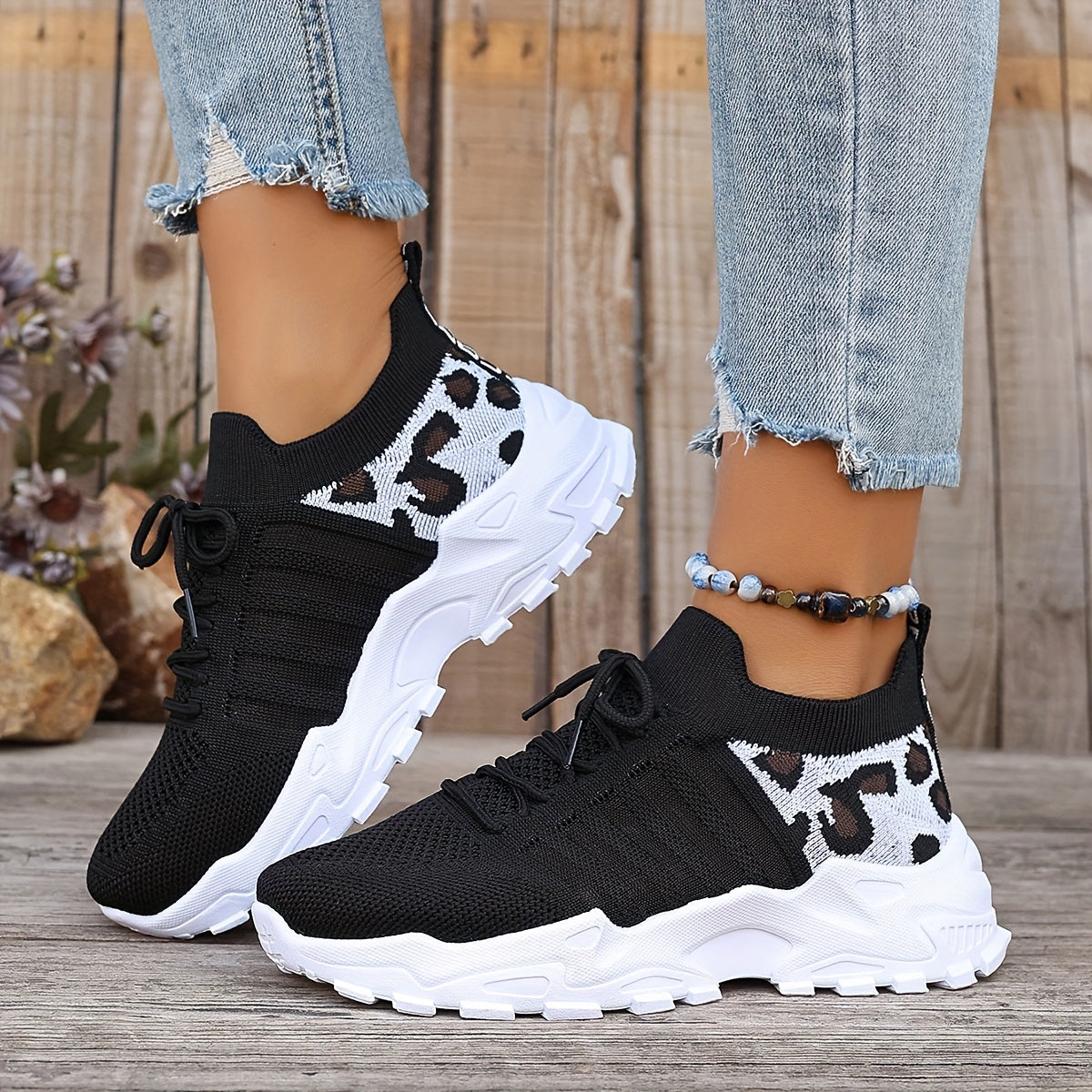 Plus Size Women's Leopard Print Breathable Mesh Sneakers for Walking and Casual Wear