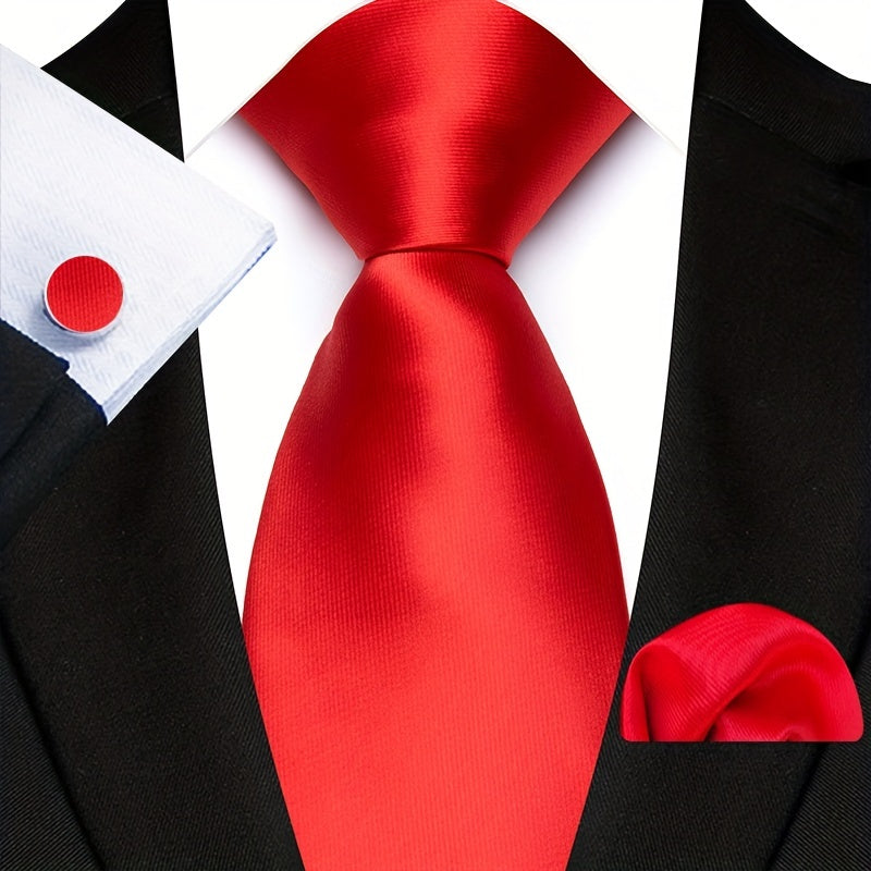 Men's Set of 3 Plain Color Ties with Square Handkerchief and Cufflinks for Gifting