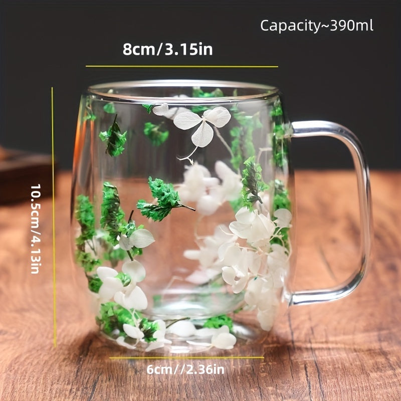 Double Layer Glass Coffee Mug with Flower Design Reusable Office Home Use