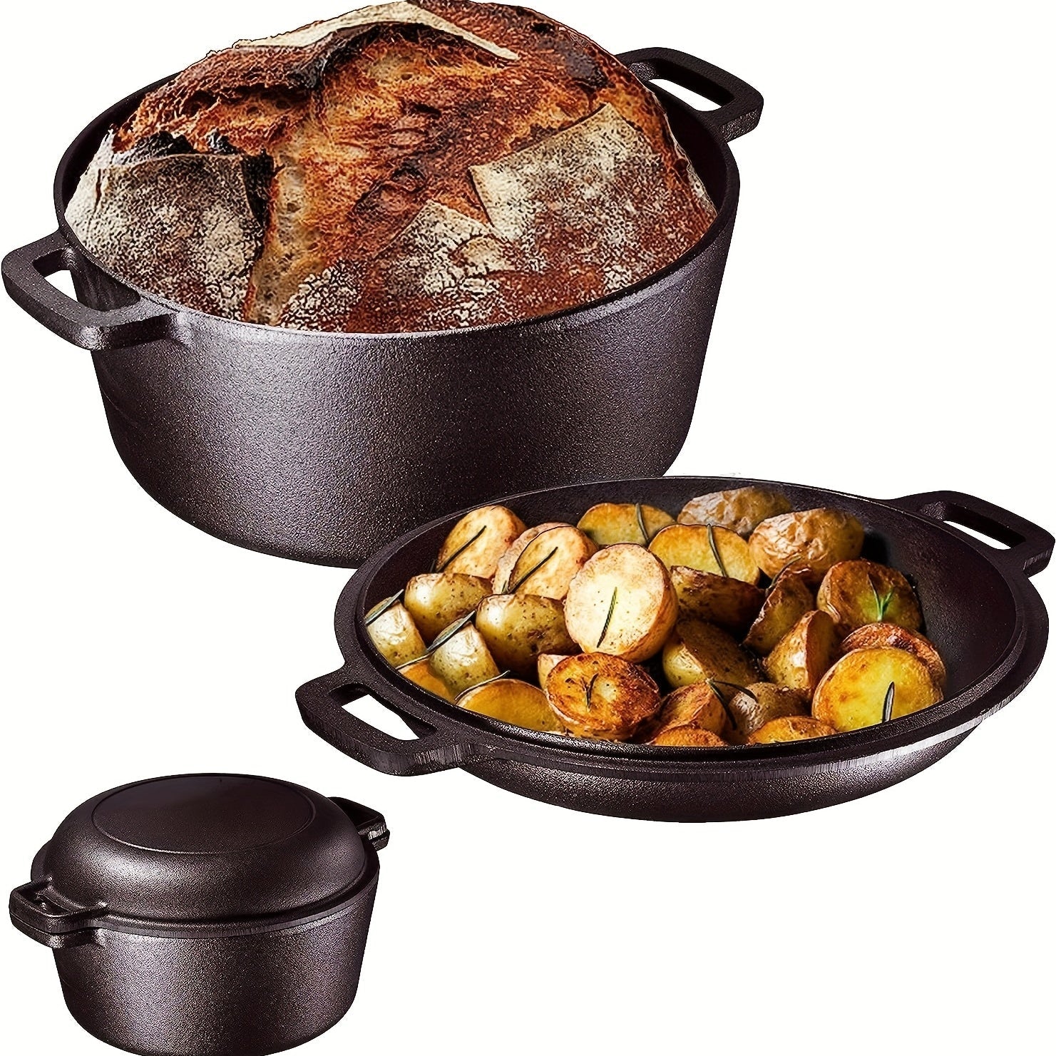 Cast Iron Dutch Oven and Frying Pan Set, 2-in-1 Cooking, Induction Compatible