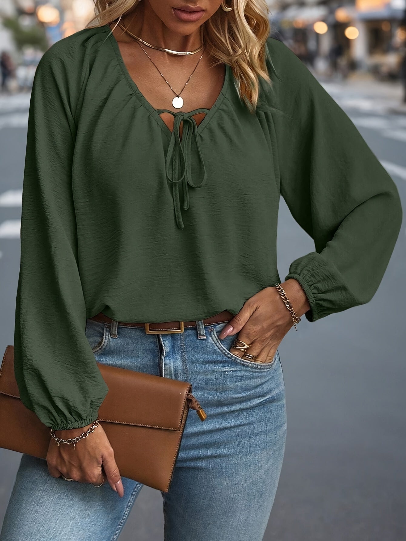 Women's Plus Size Solid Long Sleeve Shirt Polyester V Neck Lace-Up Fall Top