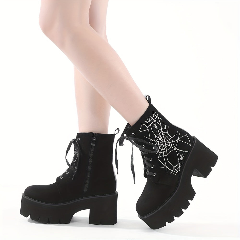 Women's Punk Style Spiderweb Embroidered Ankle Boots with Chunky Heel