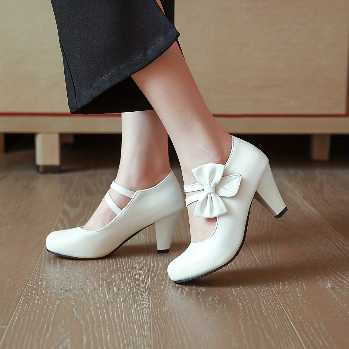 Women's PU Leather Round Toe Kitten Heel Pumps with Bowknot Ankle Straps