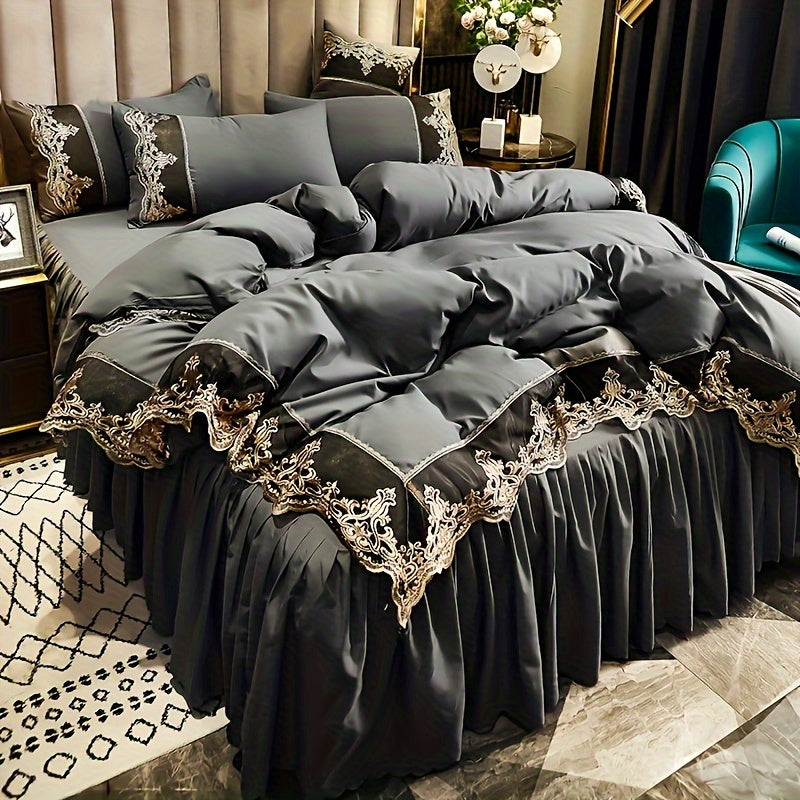 Luxury Polyester Duvet Cover Set with Golden Lace Accents, Solid Color, Zipper Closure