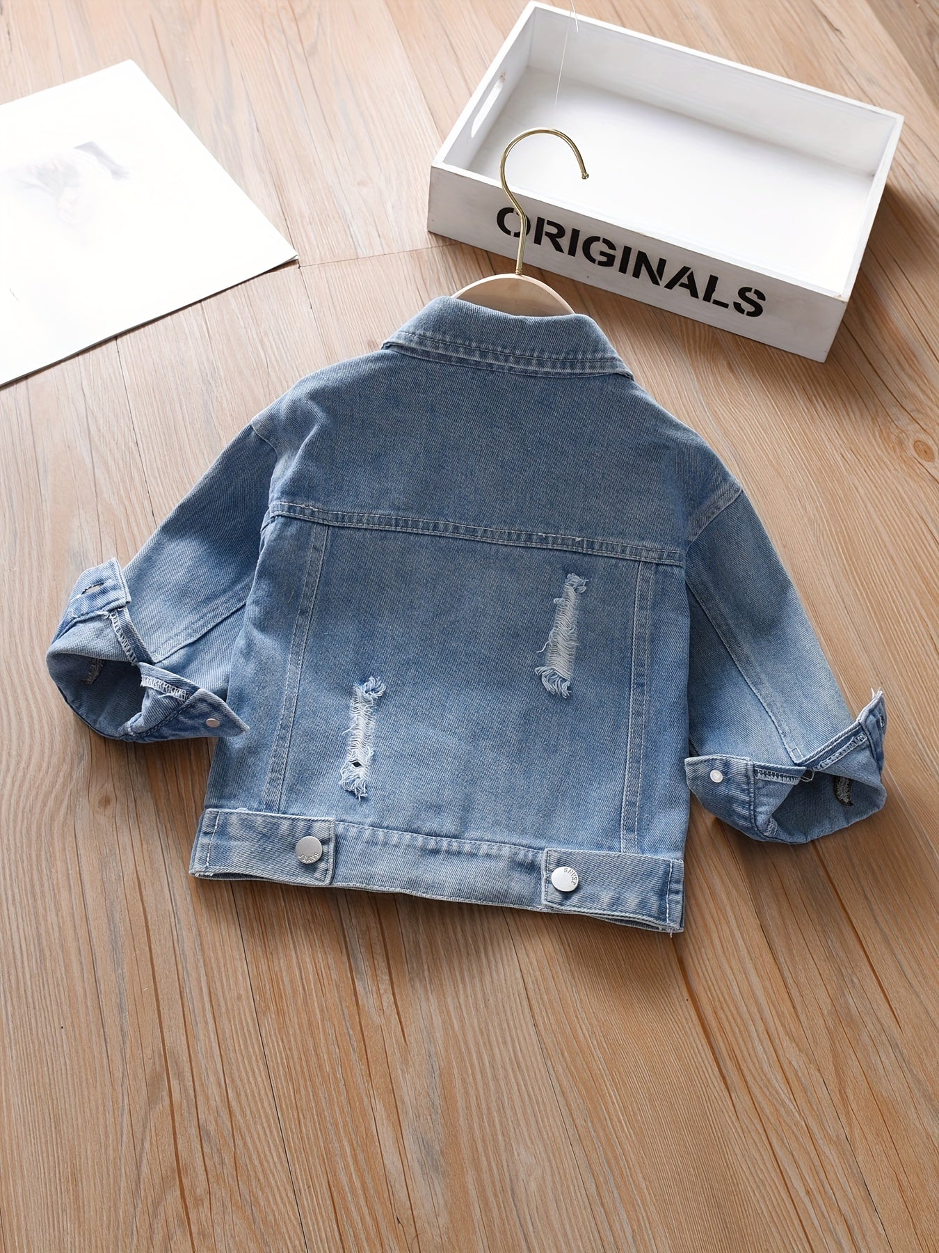 Girls Embroidered Denim Jacket with Collar Cotton Blend Long Sleeve Spring Fall