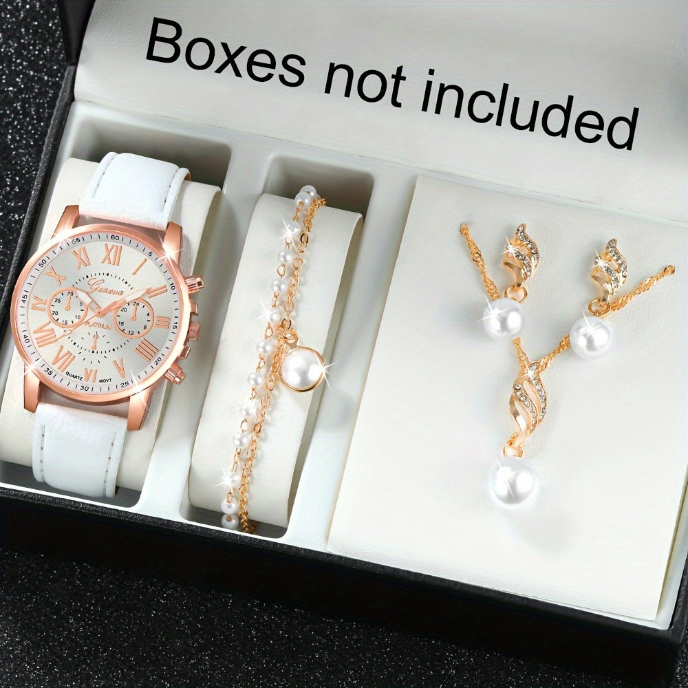 Set of 5 White Quartz Watches with PU Leather Straps and Rhinestone Jewelry for Women