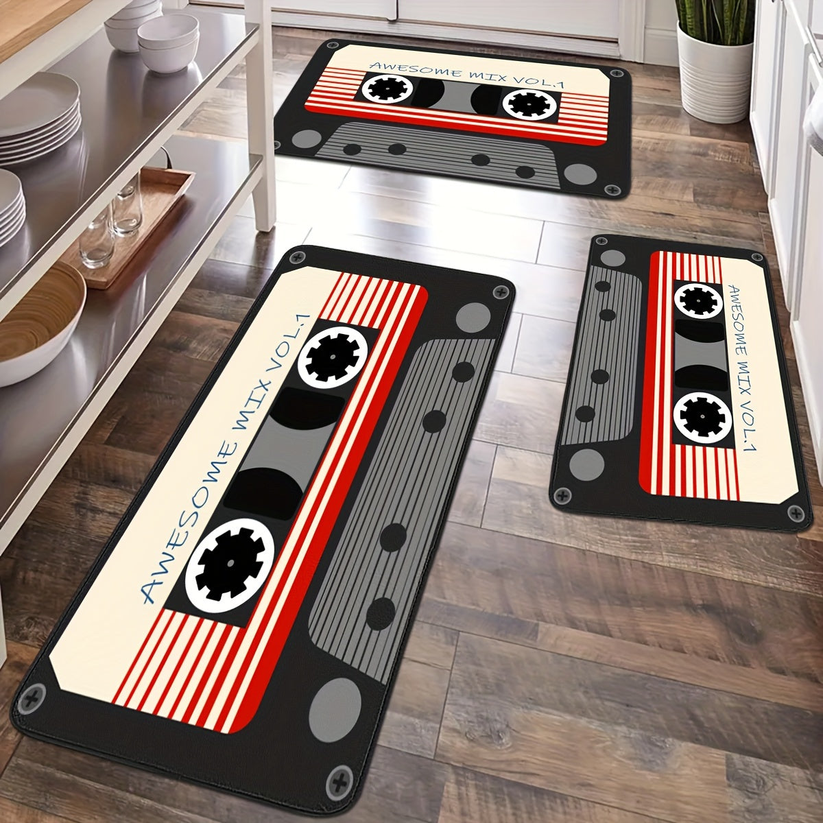 Non-Slip Absorbent Stain-Resistant Kitchen Mat with Red Cassette Design Various Sizes