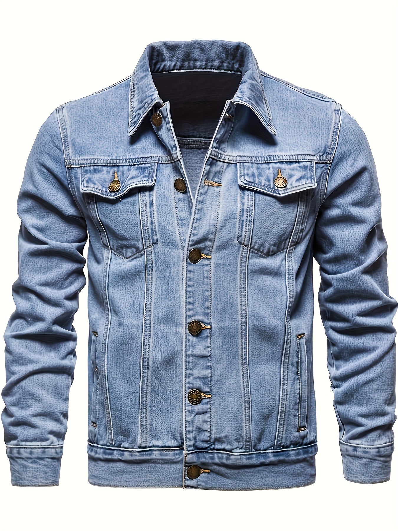 Men's Denim Jacket Long Sleeve Solid Color Woven Workwear with Lapel Pockets