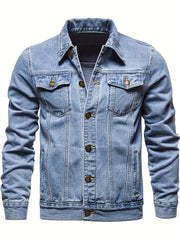 Men's Denim Jacket Long Sleeve Solid Color Woven Workwear with Lapel Pockets