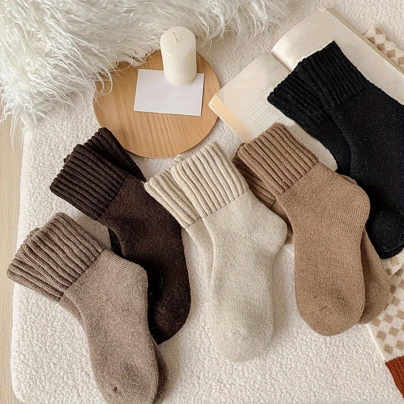 Women’s Winter Socks 5 Pairs Mid-Calf Beige Brown Polyester Blend Cozy Warm