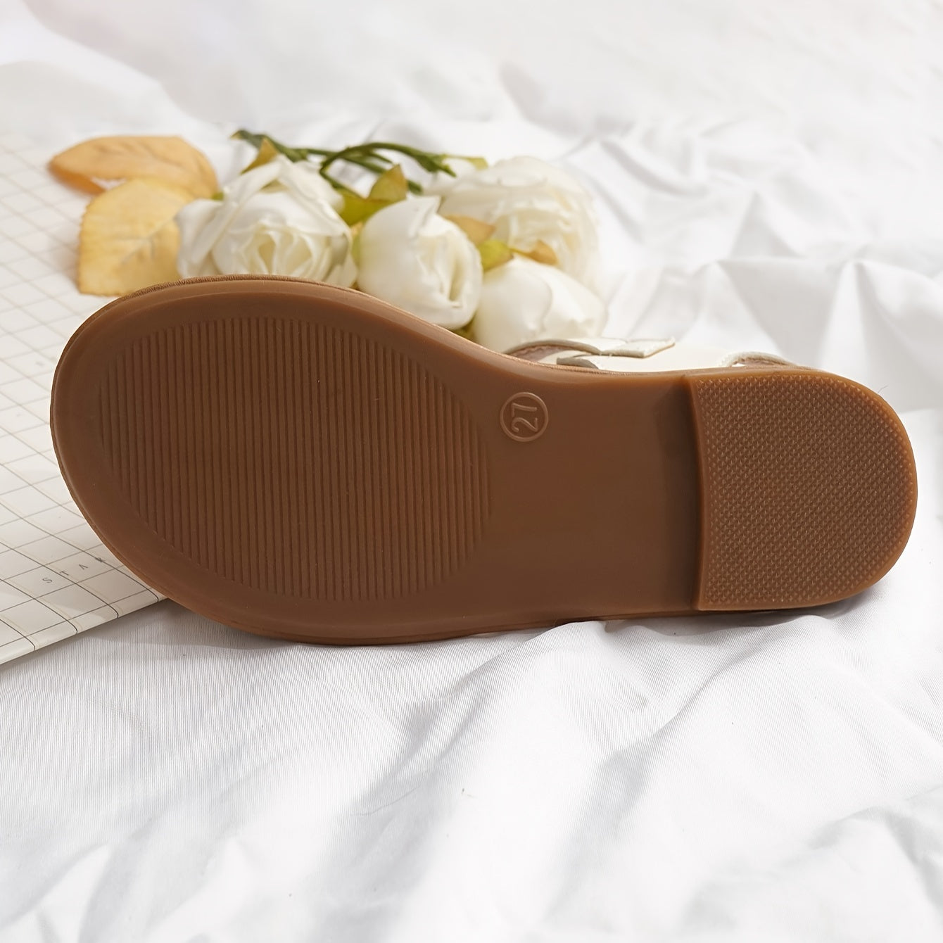 Girls Summer Sandals Floral Embroidery Breathable Light Brown Round Toe Hook-and-Loop Closure