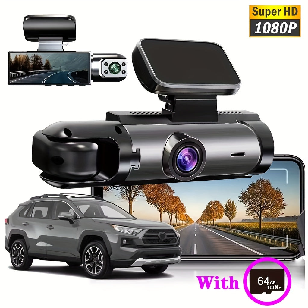 Upgraded Dual-Lens Dash Cam with 64GB Card Night Vision Loop Recording LCD Screen