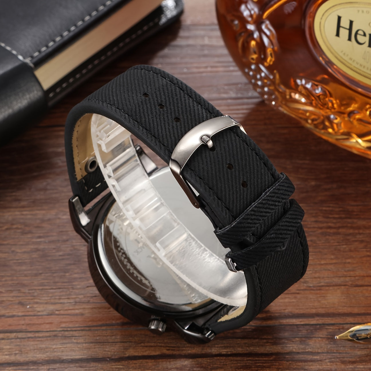 Men's Vintage Dual-Time Watch Denim Strap Alloy Case Quartz Large Dial Not Waterproof