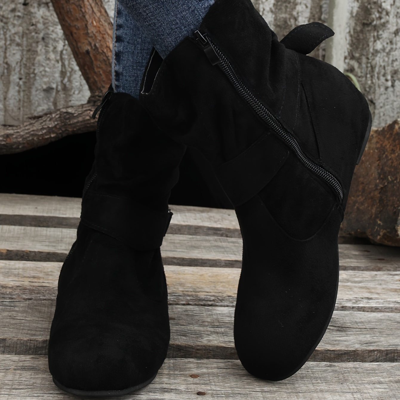 Women's Ankle Boots Solid Color Round Toe Buckle Side Zipper Outdoor Shoes