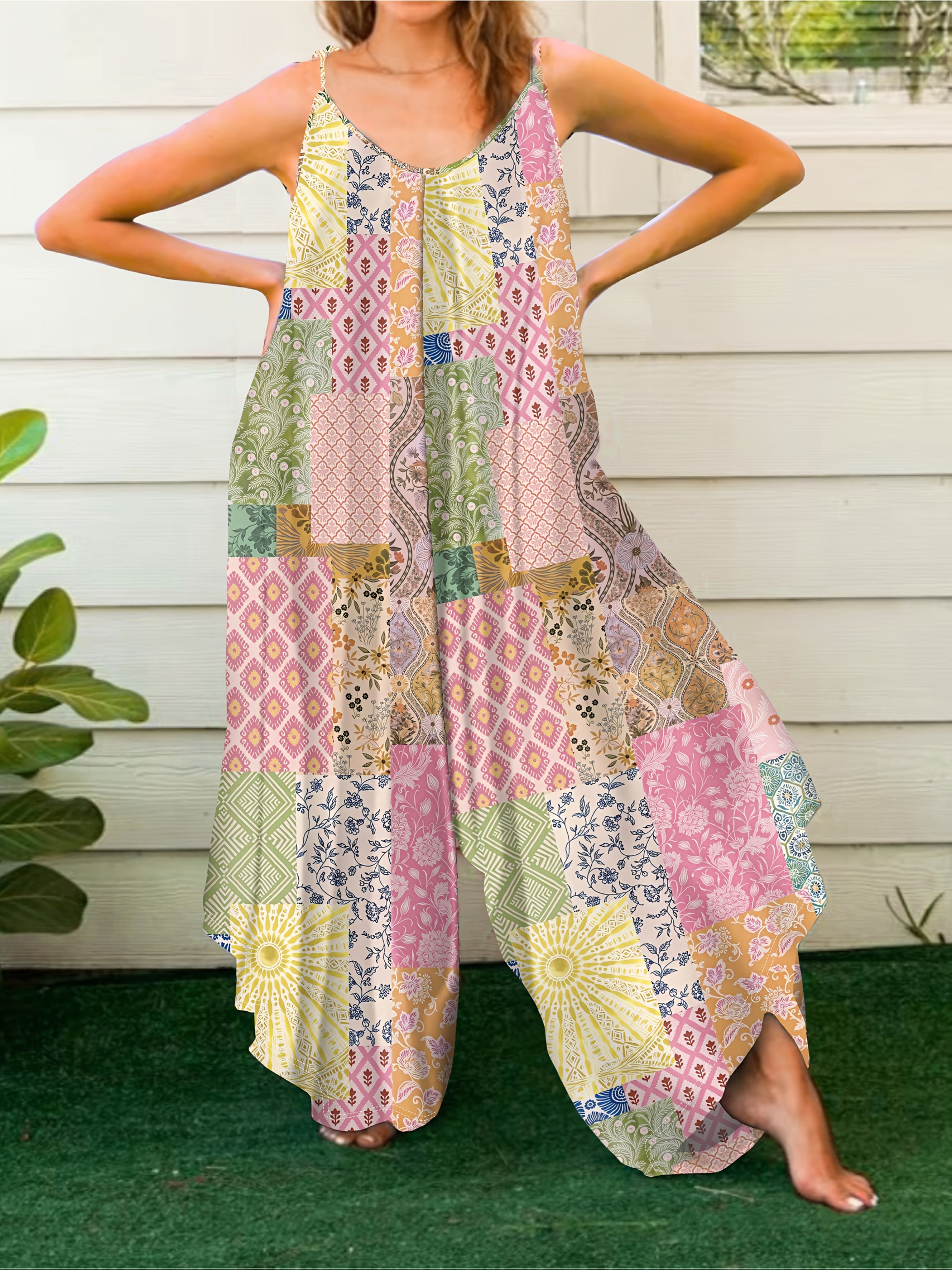 Plus Size Colorful Geometric Patchwork Jumpsuit Viscose Sleeveless Romper for Summer Vacation