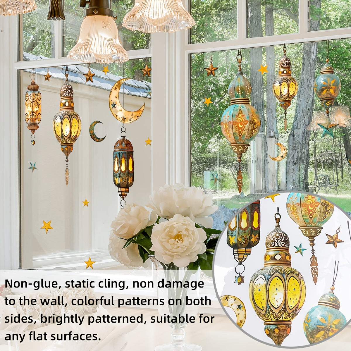 Ramazon bayrami uchun ikki tomonlama oy va yulduzlar dekori - 30.48 sm x 60.96 sm - Yotoqxona, Oila xonasi va Balkon bezatish uchun qayta ishlatiladigan PVC statik yopishqoq - Lanternlar, Shisha uchun ideal, D16013-YJ