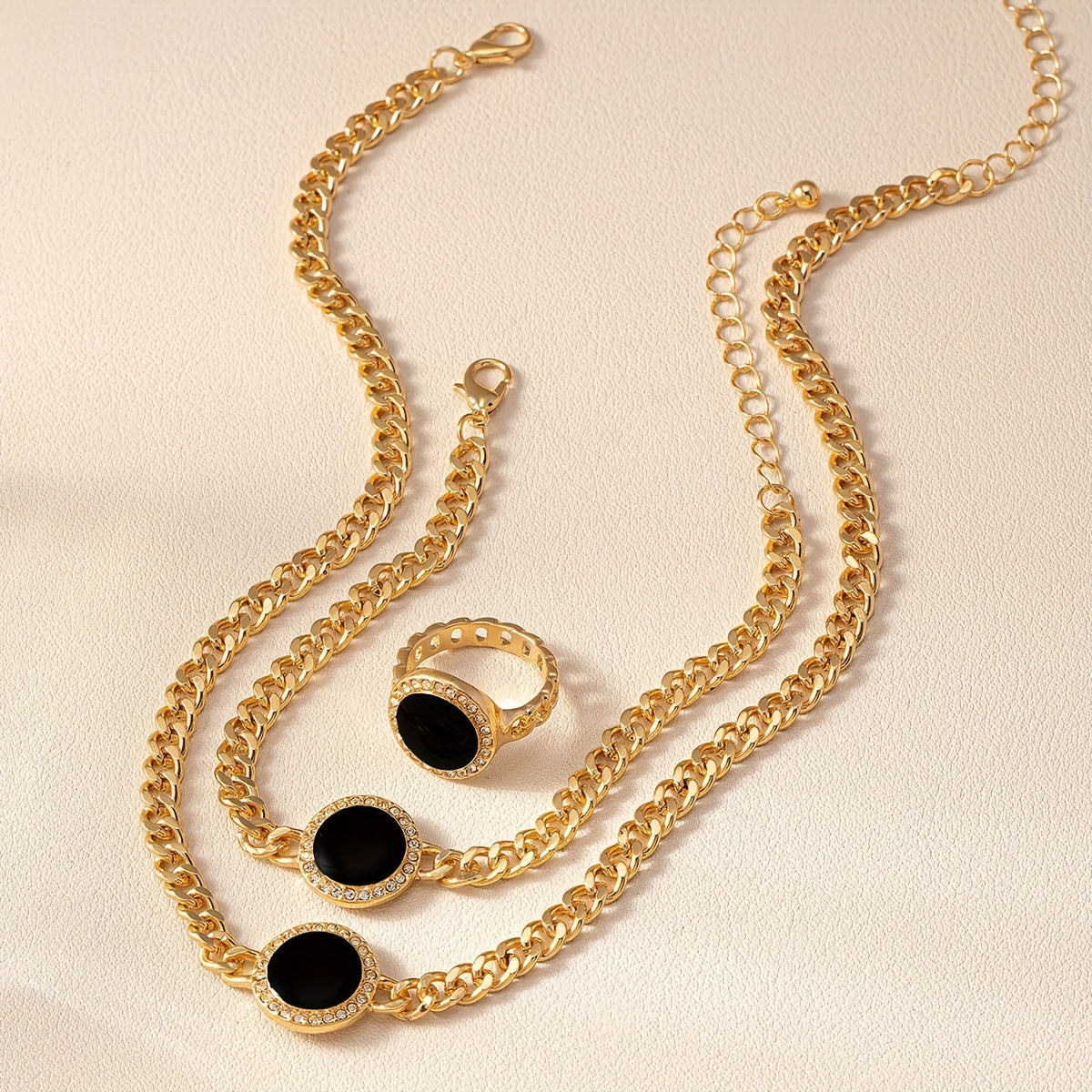 Black Circular Jewelry Set Necklace Ring Bracelet 3-Piece Stylish Accessories