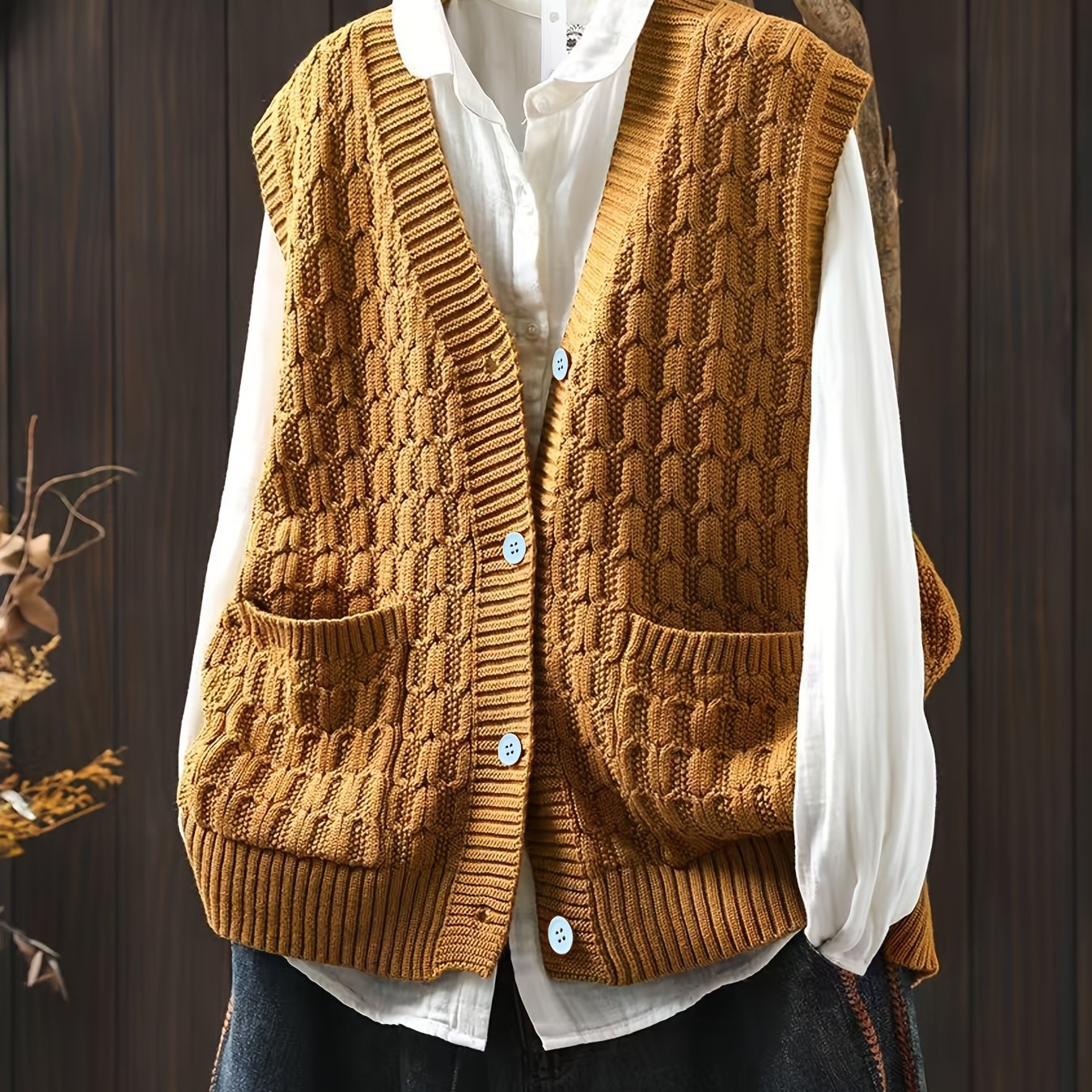 Plus Size Women's Cable Knit Cardigan Vest Open Front Stretchy Layering Piece