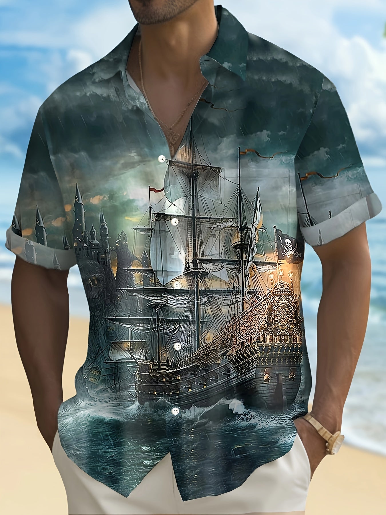 Men's Plus Size Short Sleeve Shirt with 3D Ship Print Vintage Summer Casual
