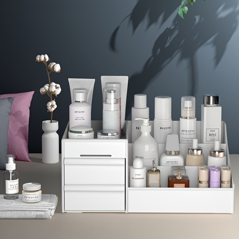 White Expandable Cosmetic Organizer with Drawers for Makeup and Skincare