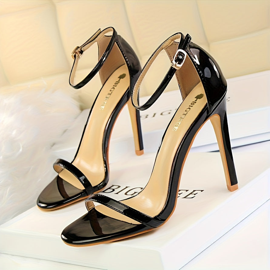 Women Black Stiletto Sandals Open Toe Ankle Strap High Heel Dress Shoes