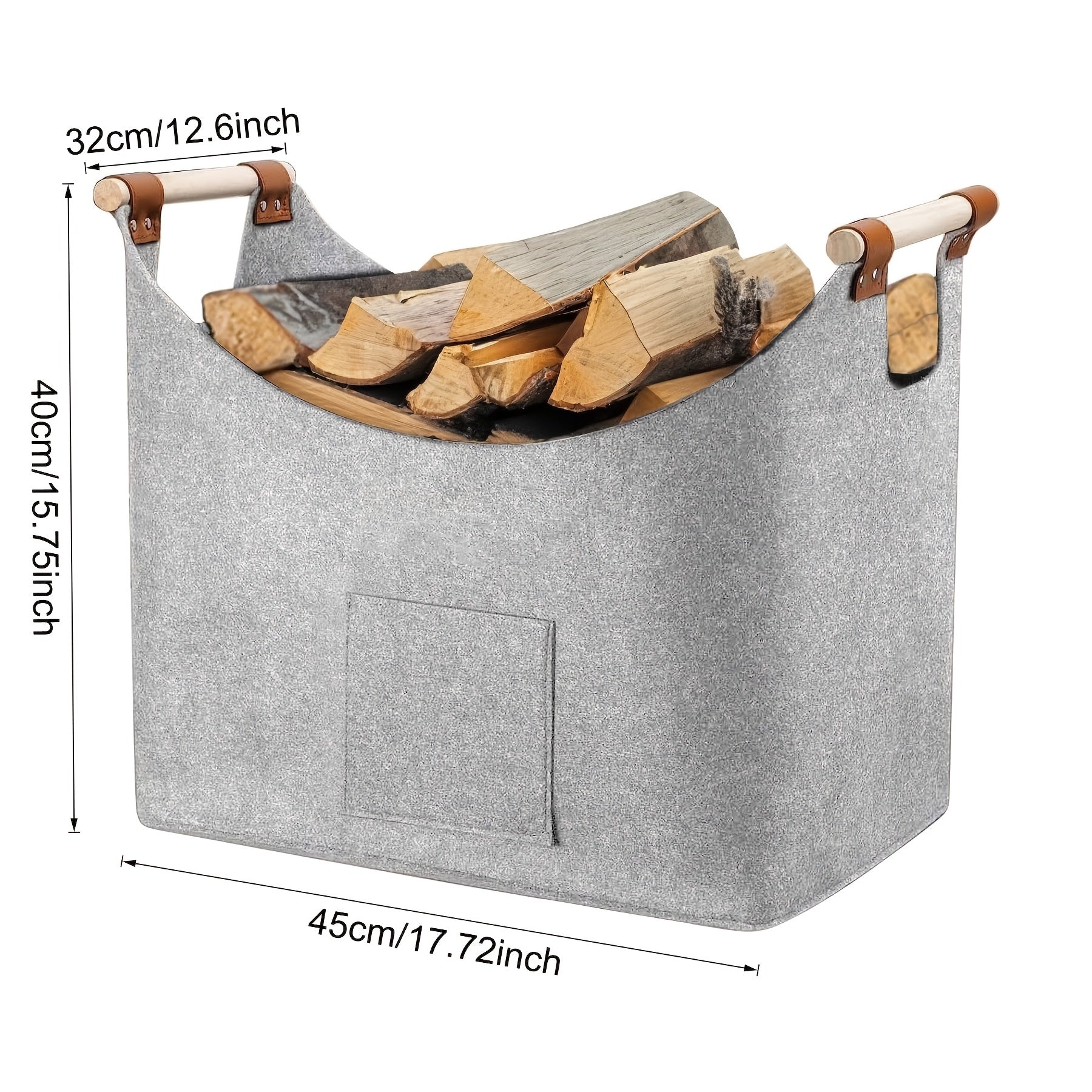 Large Grey Firewood Basket with Handles, Wall-Mounted Firewood Holder, 36kg Capacity
