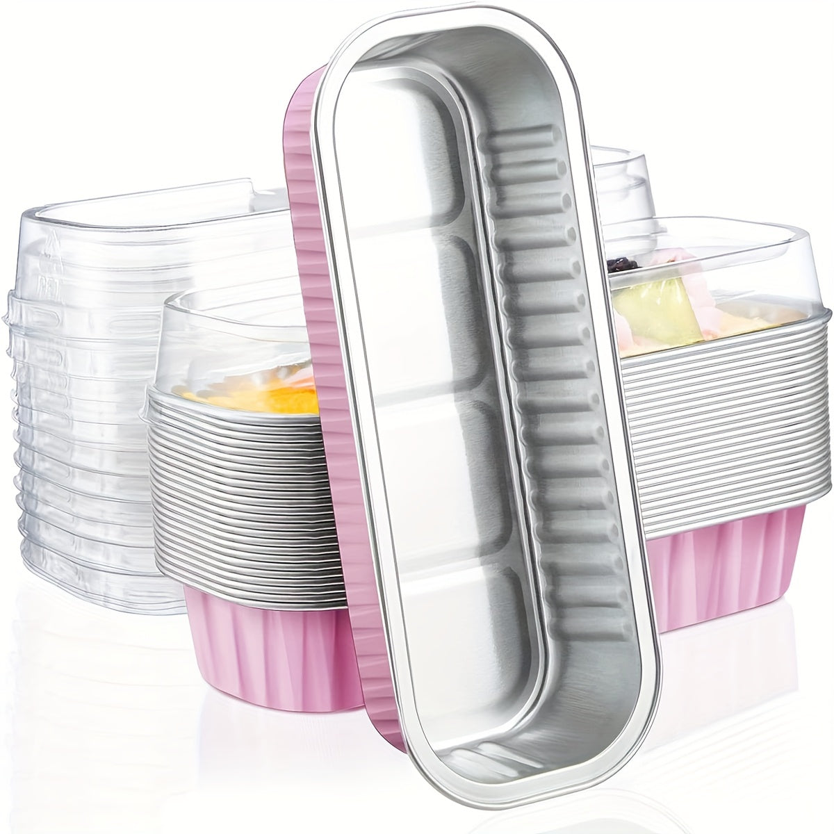 Set of 10 Aluminum Foil Mini Loaf Pans with Transparent Lids for Baking Cakes and Cupcakes in Black Pink and Gold