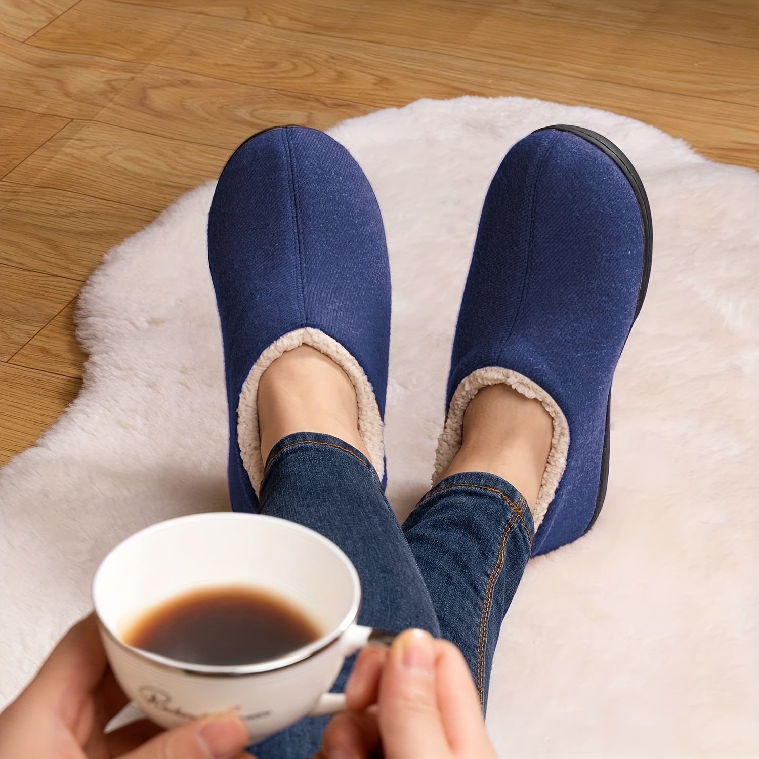 Ayollar uchun fleece bilan qoplangan ichki shlyapki, sirpanishga qarshi rezina taglik, ko‘k