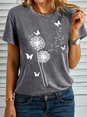 Plus Size Butterfly And Plant Print T-Shirt Casual Short Sleeve Top Summer Women