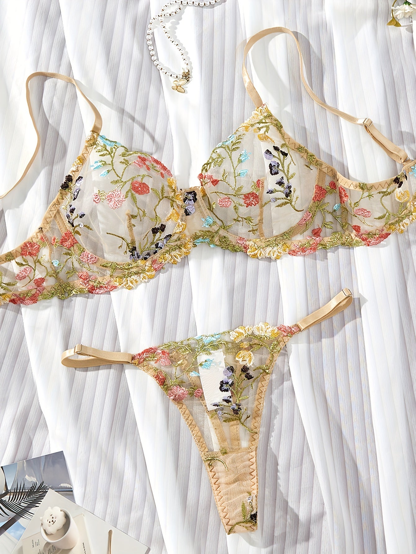 Women's Semi-Sheer Floral Embroidery Lingerie Set
