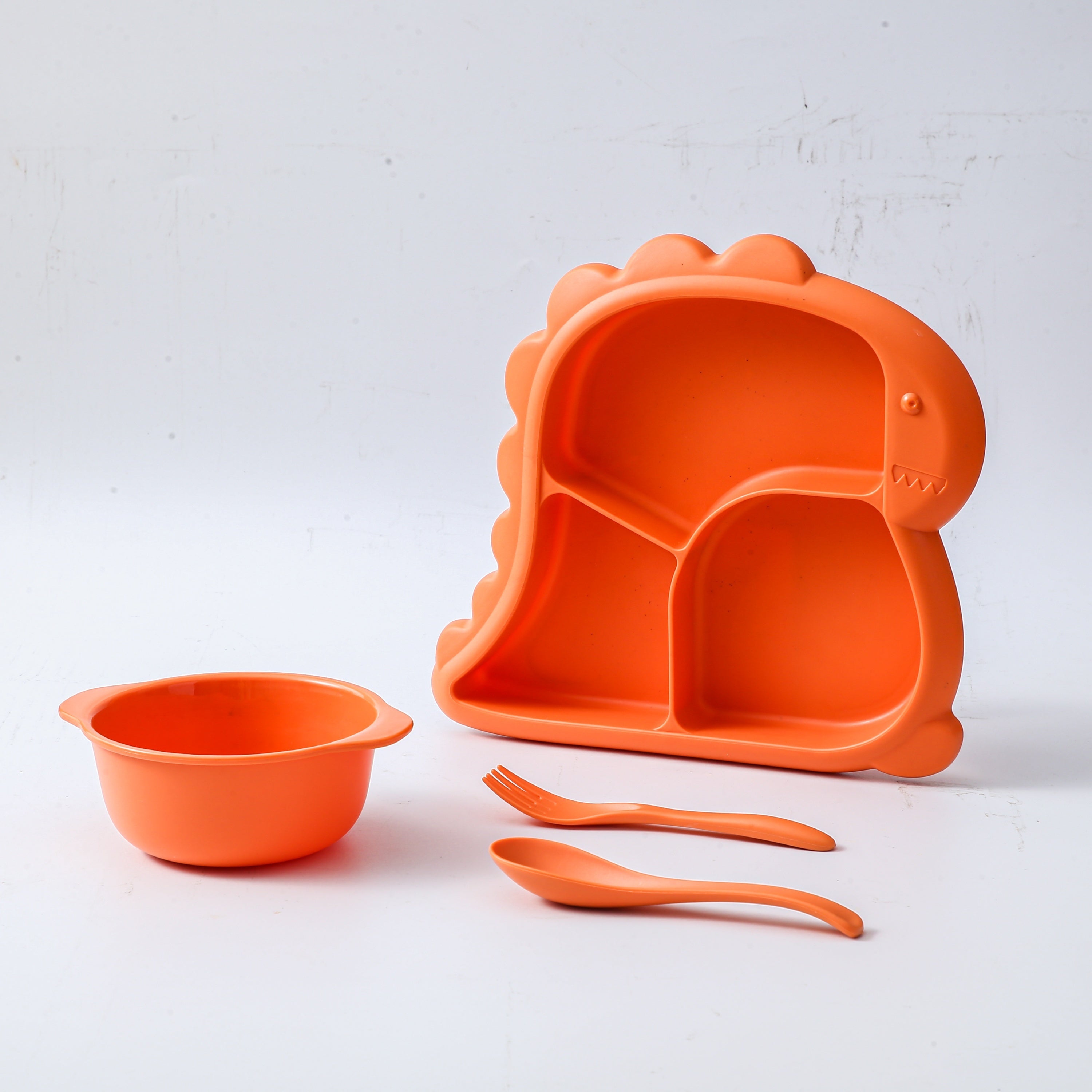 Children's Dinosaur-Shaped BPA-Free Plastic Dinnerware Set with Plate Bowl Fork Spoon